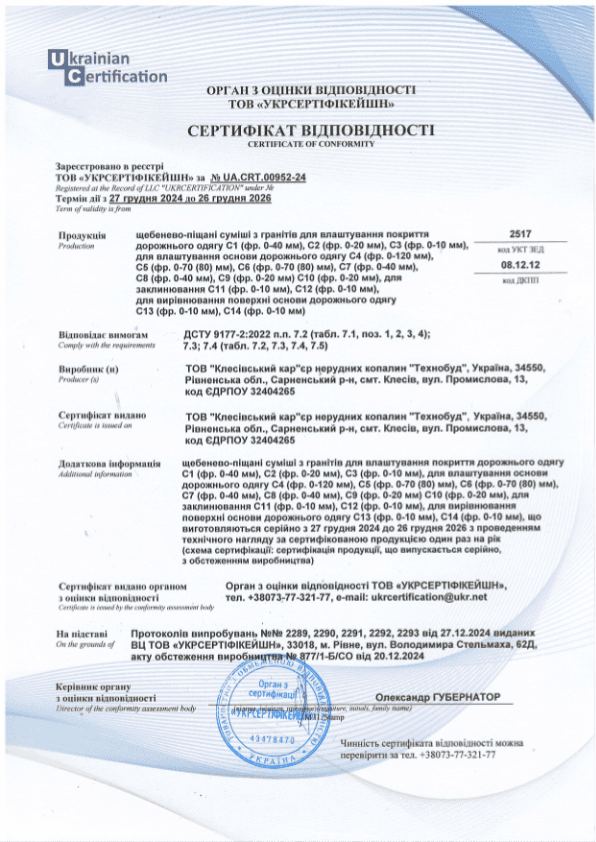 Сертифікат якості ЩПС ТОВ ККНК Технобуд Кворум Надра