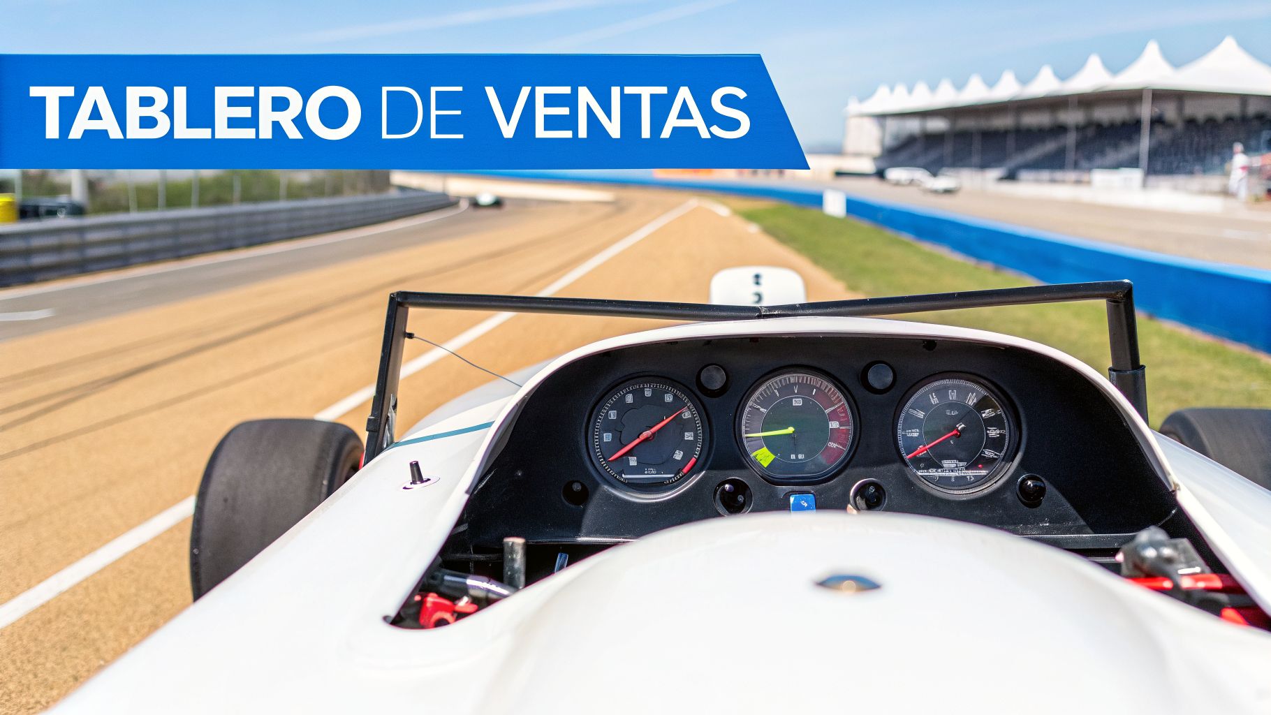 Vista desde el interior de un coche de carreras en una pista, con el texto 'TABLERO DE VENTAS' en un banner azul.