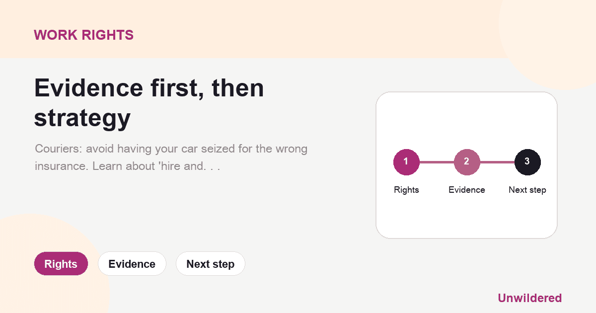 Explainer card for The Gig Economy Trap: Insurance, Employment Rights, and Stolen Parcels: Rights, Evidence, Next step.