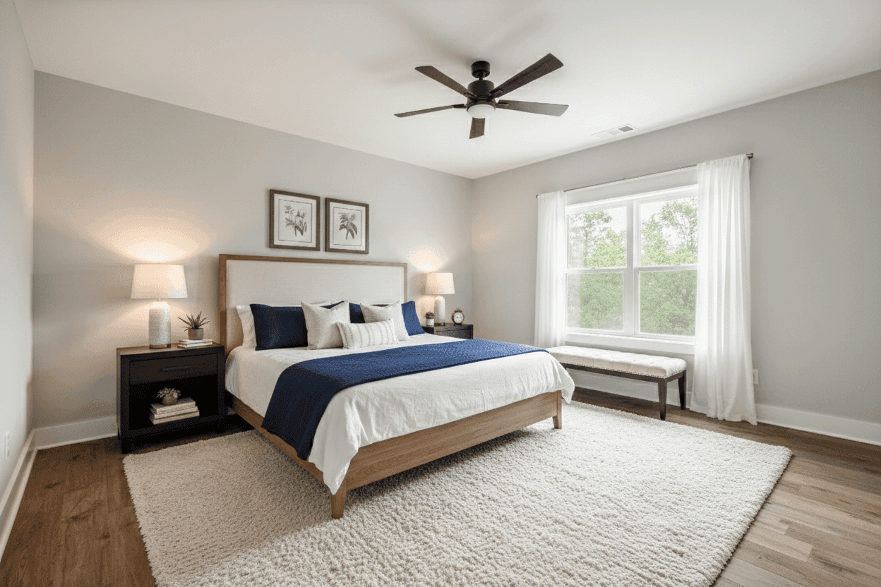 Open concept kitchen and living room with vaulted ceilings and hardwood floors