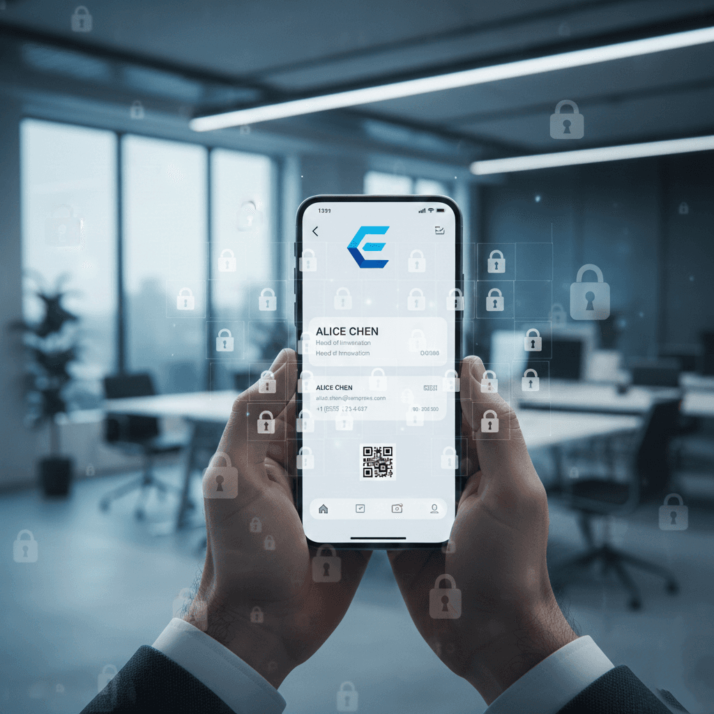 Business professional sharing a digital business QR card on a smartphone during a corporate conference with subtle screen visibility issues.
