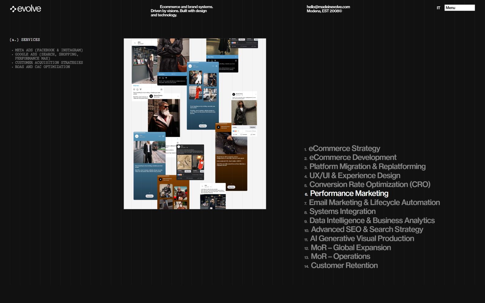 Grid of overlapping website previews on left; black background with white text listing services on right.