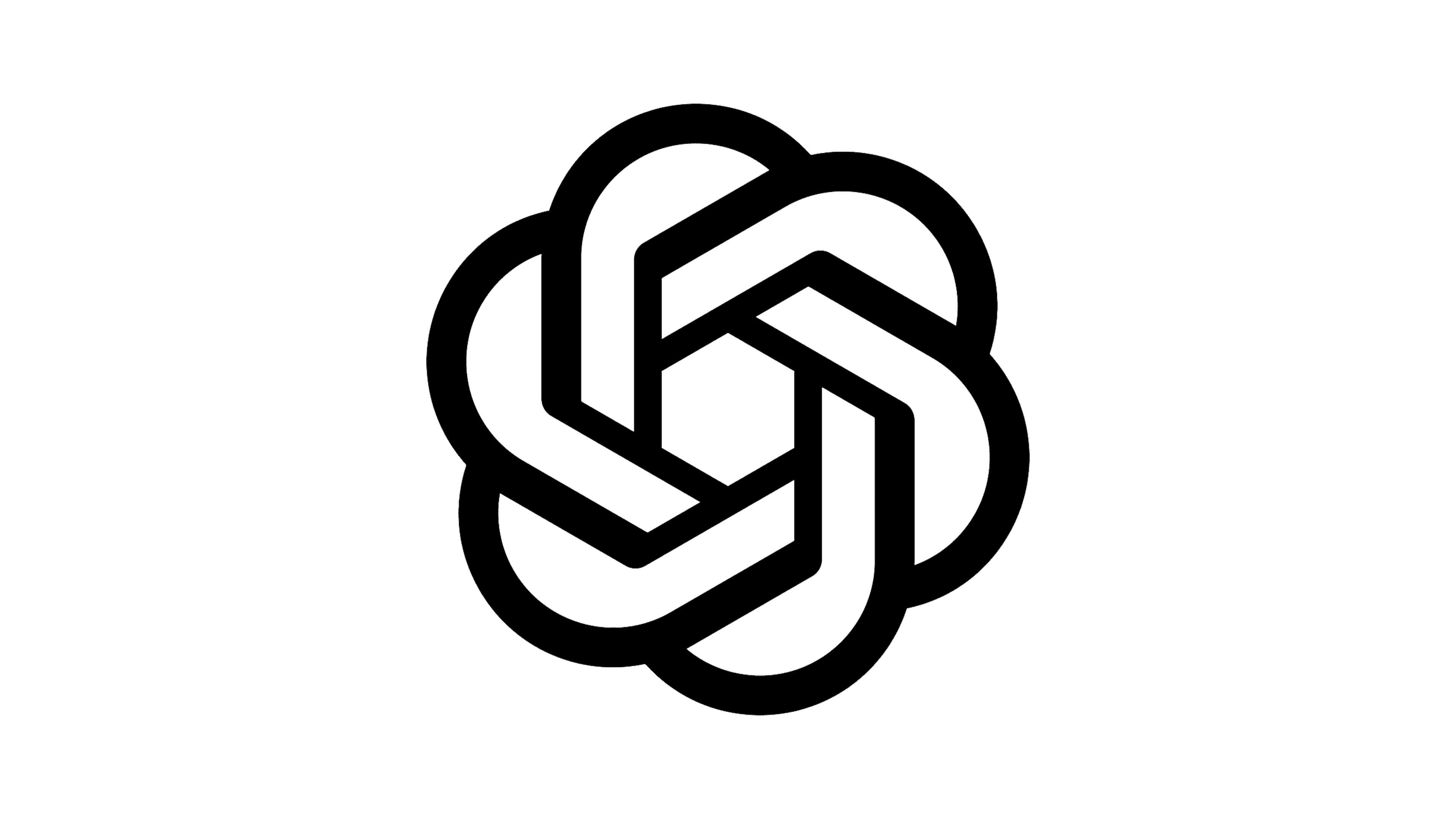 Black OpenAI logo (ChatGPT icon) featuring a stylized hexagonal swirl on a clean light gray background.