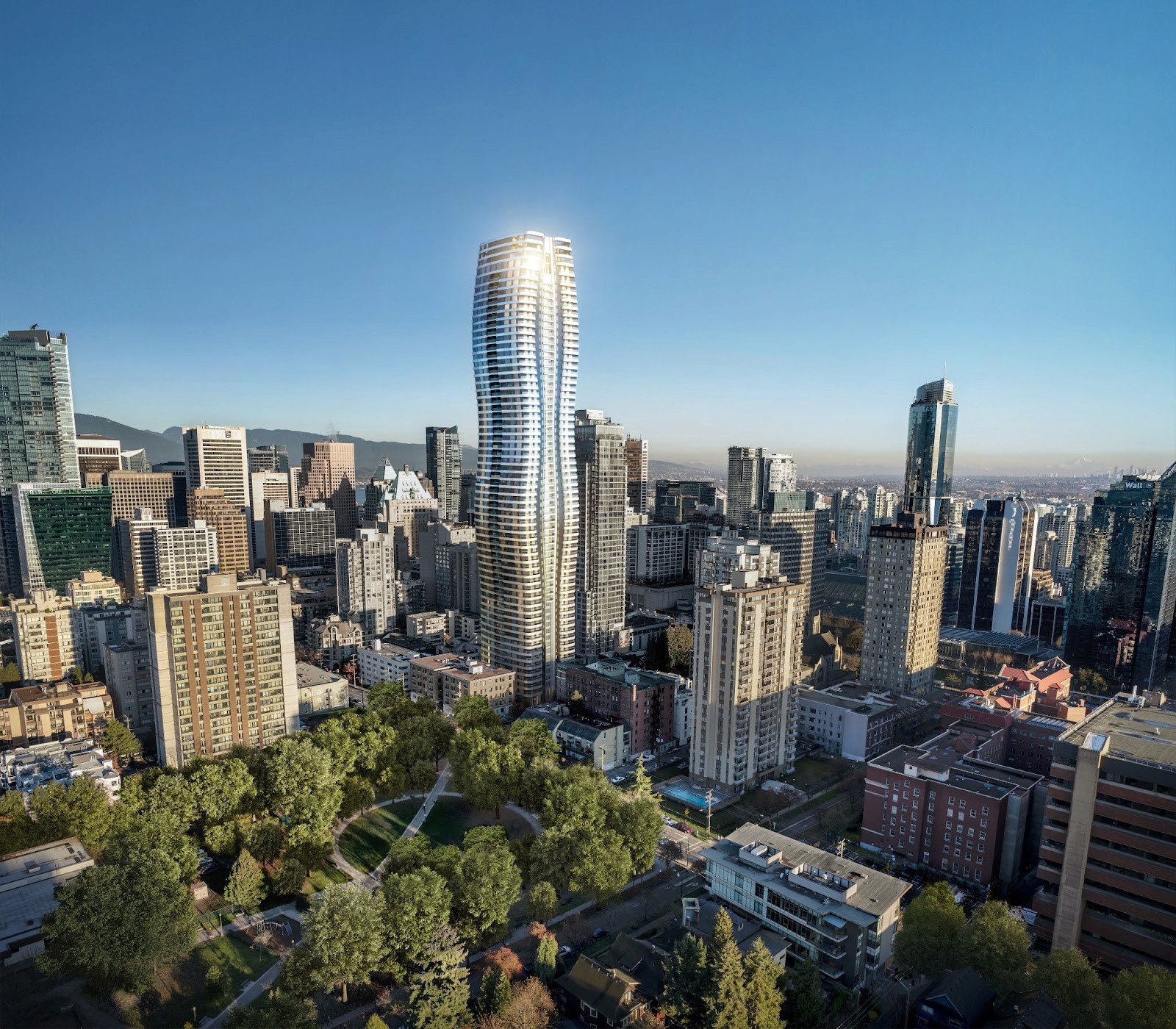 Rendered exterior aerial featuring its distinctive architecture