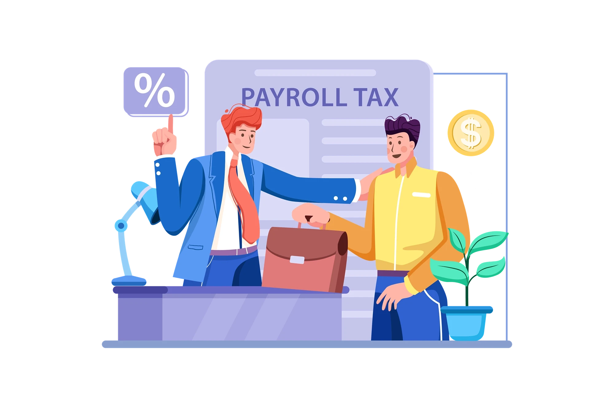 Dos profesionales de negocios estrechando la mano en una oficina moderna, con un documento de impuestos sobre la nómina, un símbolo de porcentaje y una planta en crecimiento, que representan alianzas estratégicas de nómina que impulsan el crecimiento empresarial.