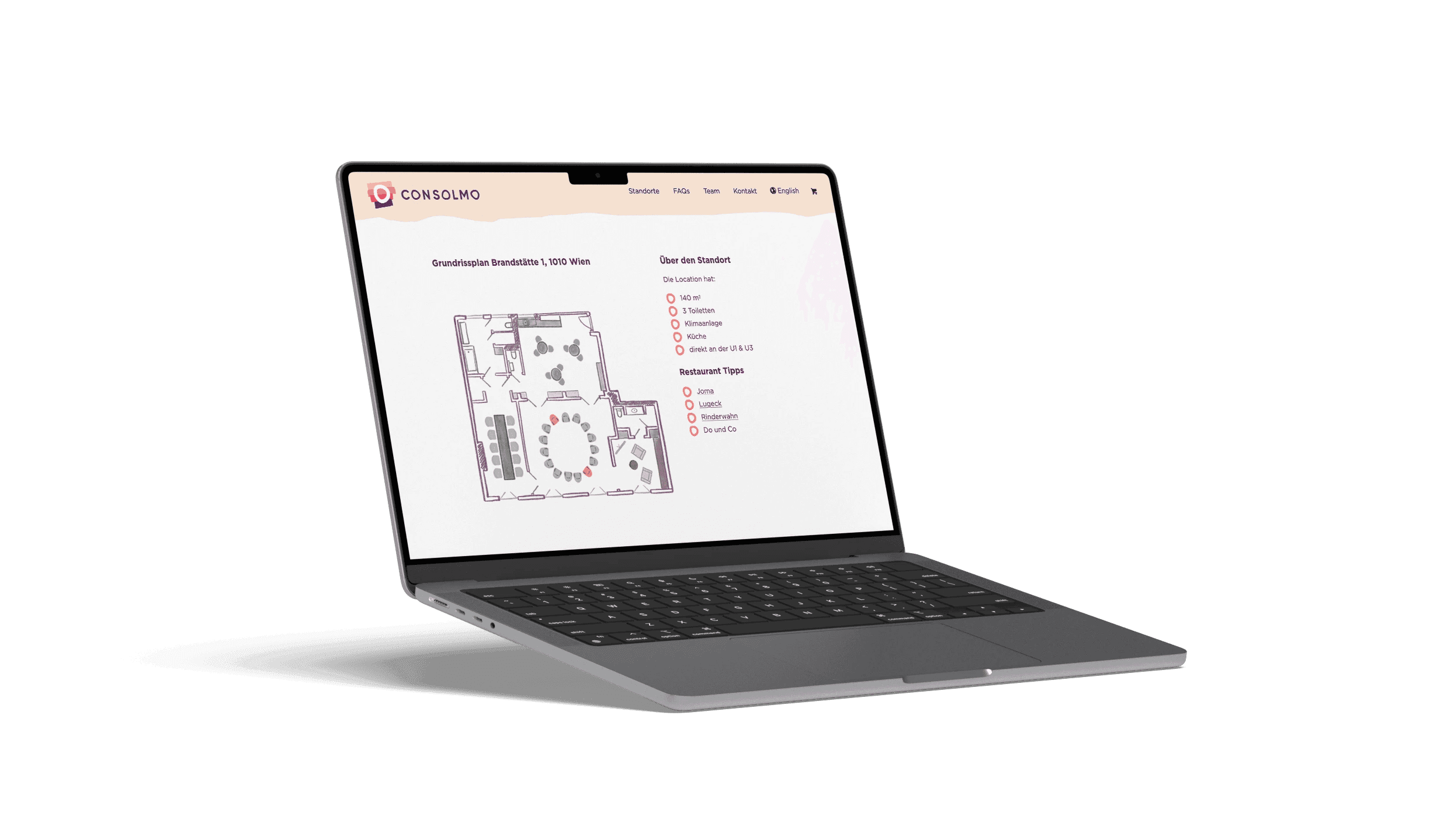 Laptop mit Grundriss eines Seminarraums in Wien und Übersicht zu Ausstattung und Umgebung