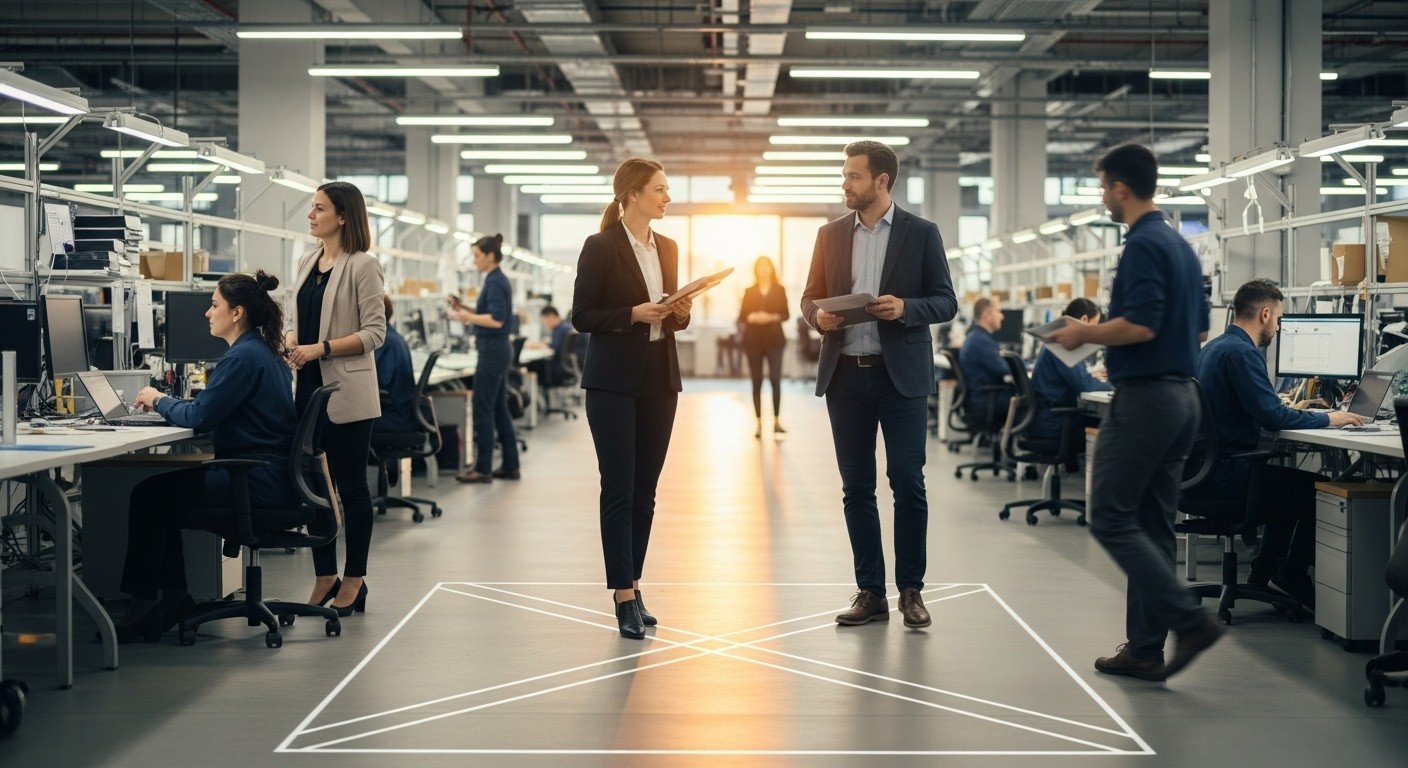 An AI composite image showing two professionals in conversation on a busy operations floor, with a subtle Hoshin Kanri X-Matrix overlay symbolising strategic alignment.