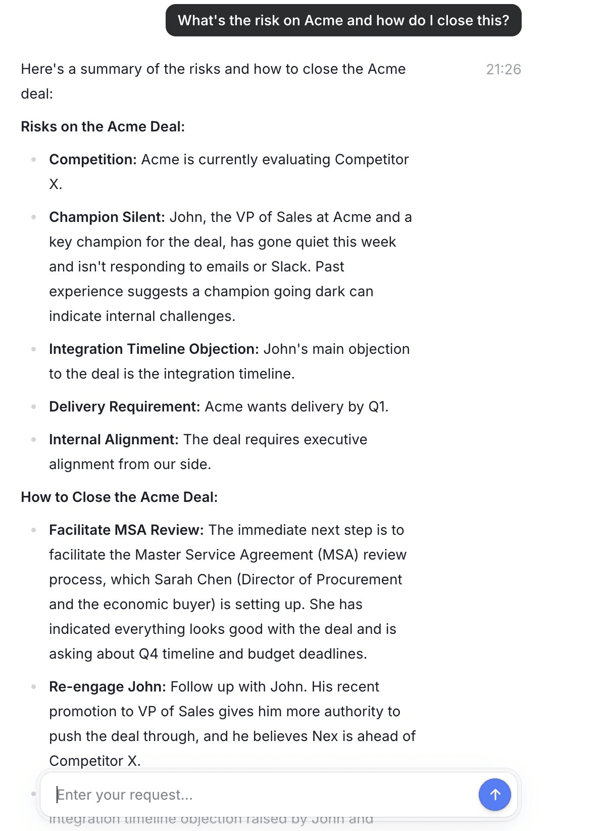AE asks: “What’s the risk on Acme and how do I close this? Nex provides an answer on risks and recommendtions based on organizational history