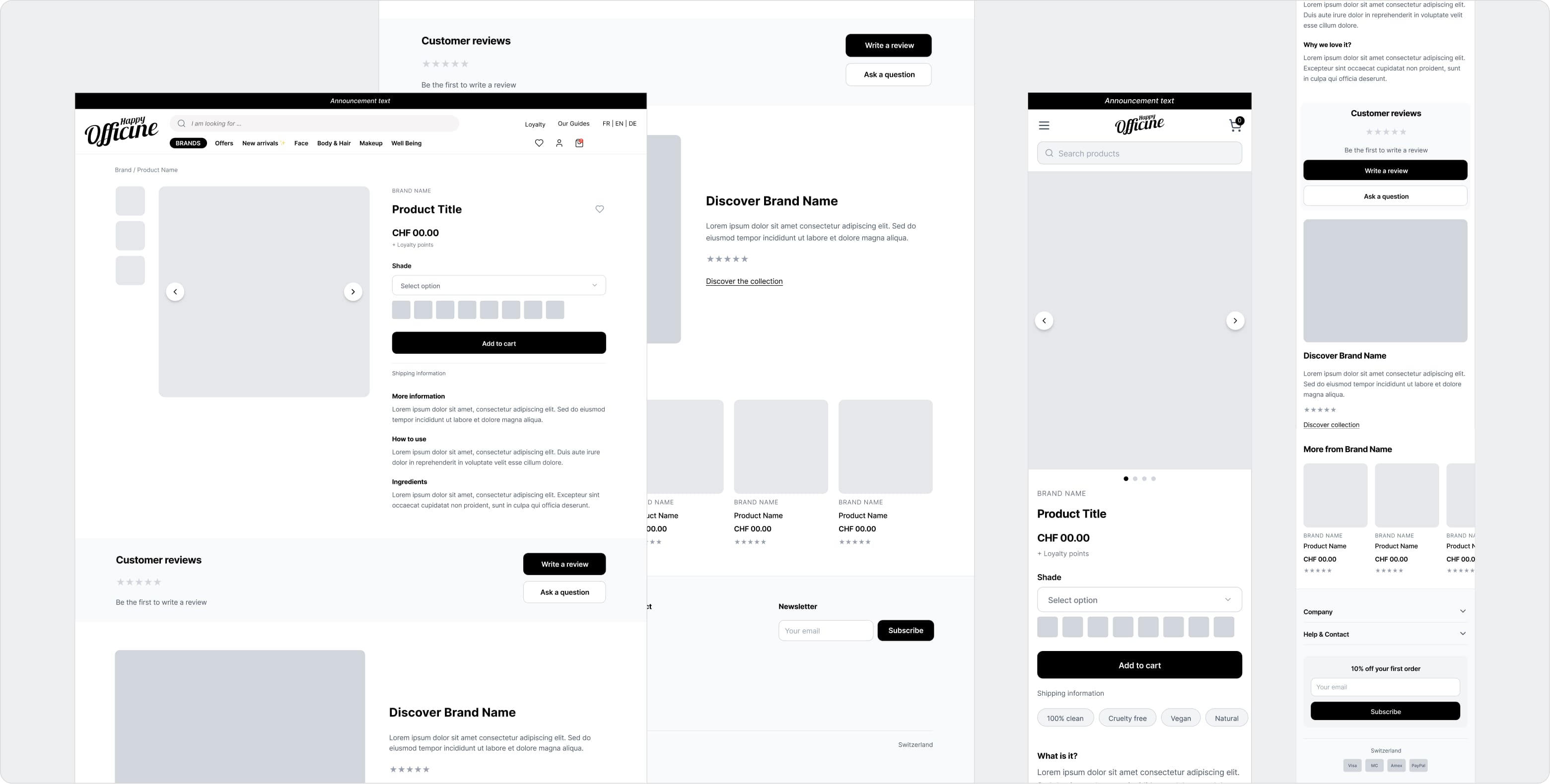 Product detail page for Happy Officine marketplace showing product information, gallery, reviews, and add to cart functionality across desktop and mobile