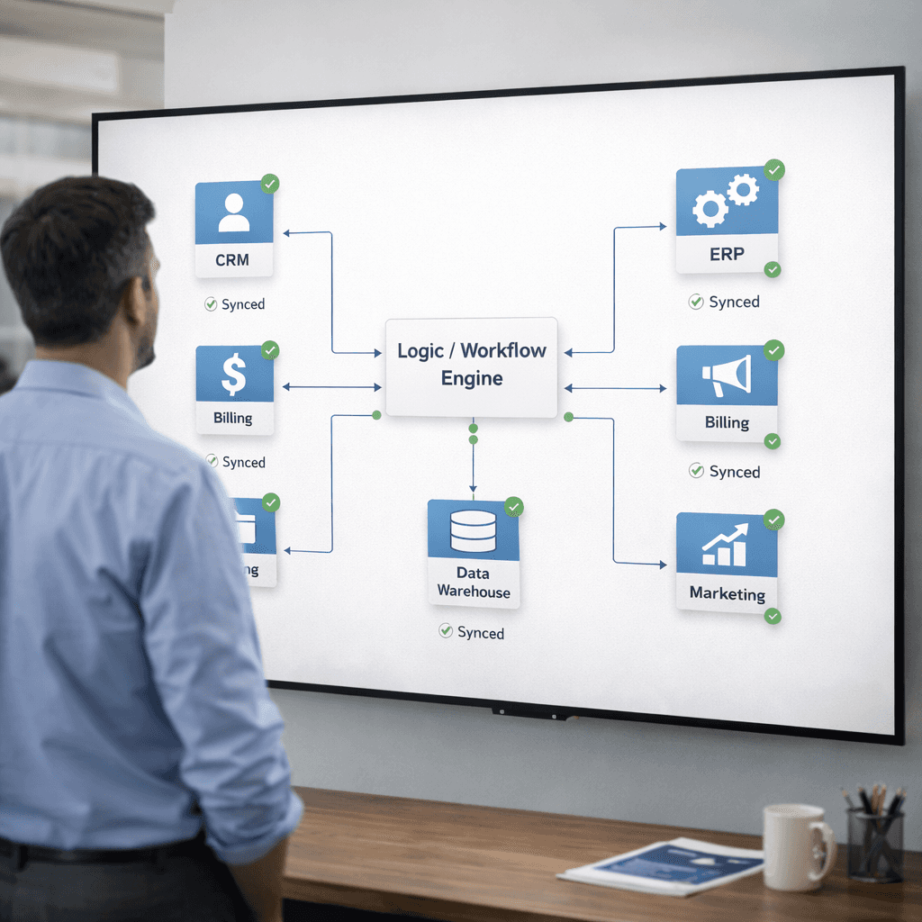 A systems architect or engineer standing in front of a large screen showing a central integration/automation layer connecting several business systems (CRM, ERP, billing, data warehouse, etc.).