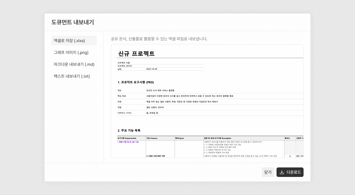 기획안을 엑셀, 그래프, 마크다운, 텍스트로 내보낼 수 있는 기능을 캡쳐.