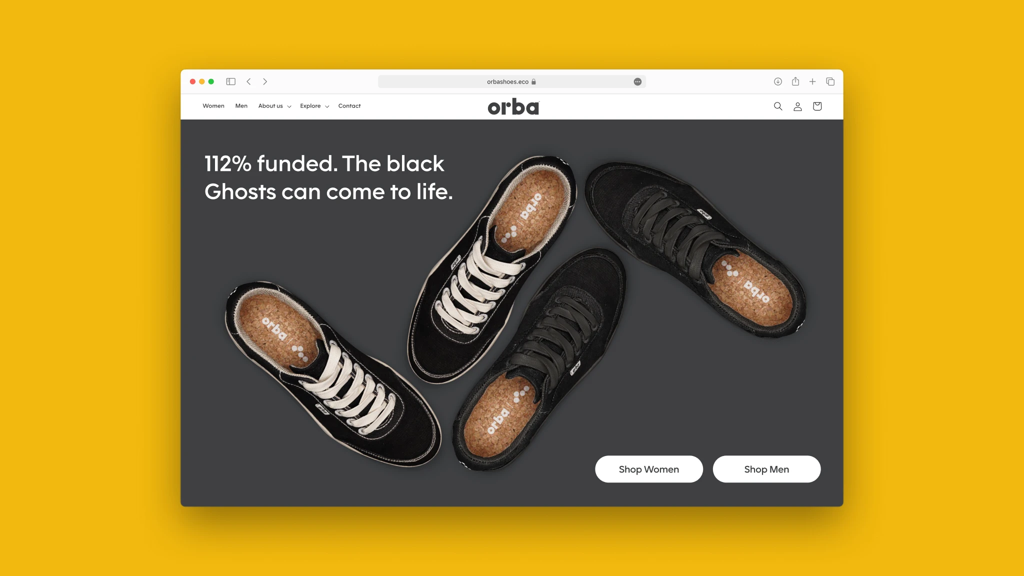 Hero section of sucessful crowdfunding campaign for black sneakers.