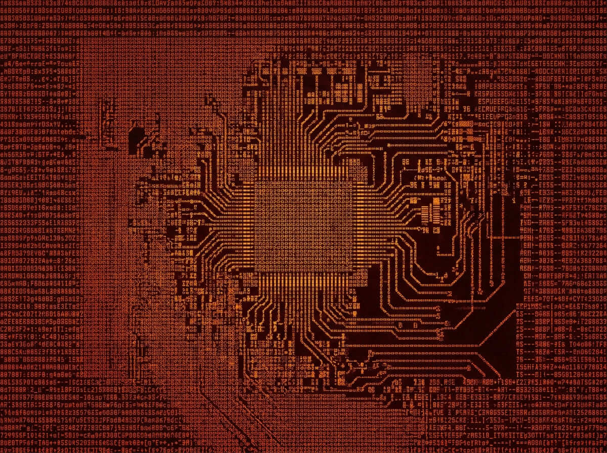 a close-up graphic of a golden-yellow microchip motherboard circuit structure.