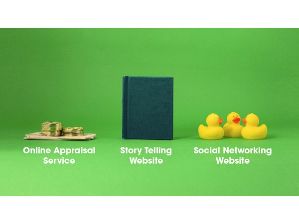 A dark teal book stands upright on a green background. To the left of the book, a stack of gold coins rests on a piece of paper. To the right of the book, three yellow rubber ducks are positioned. Below each duck, the text “Story Telling Website” and “Social Networking Website” is displayed.