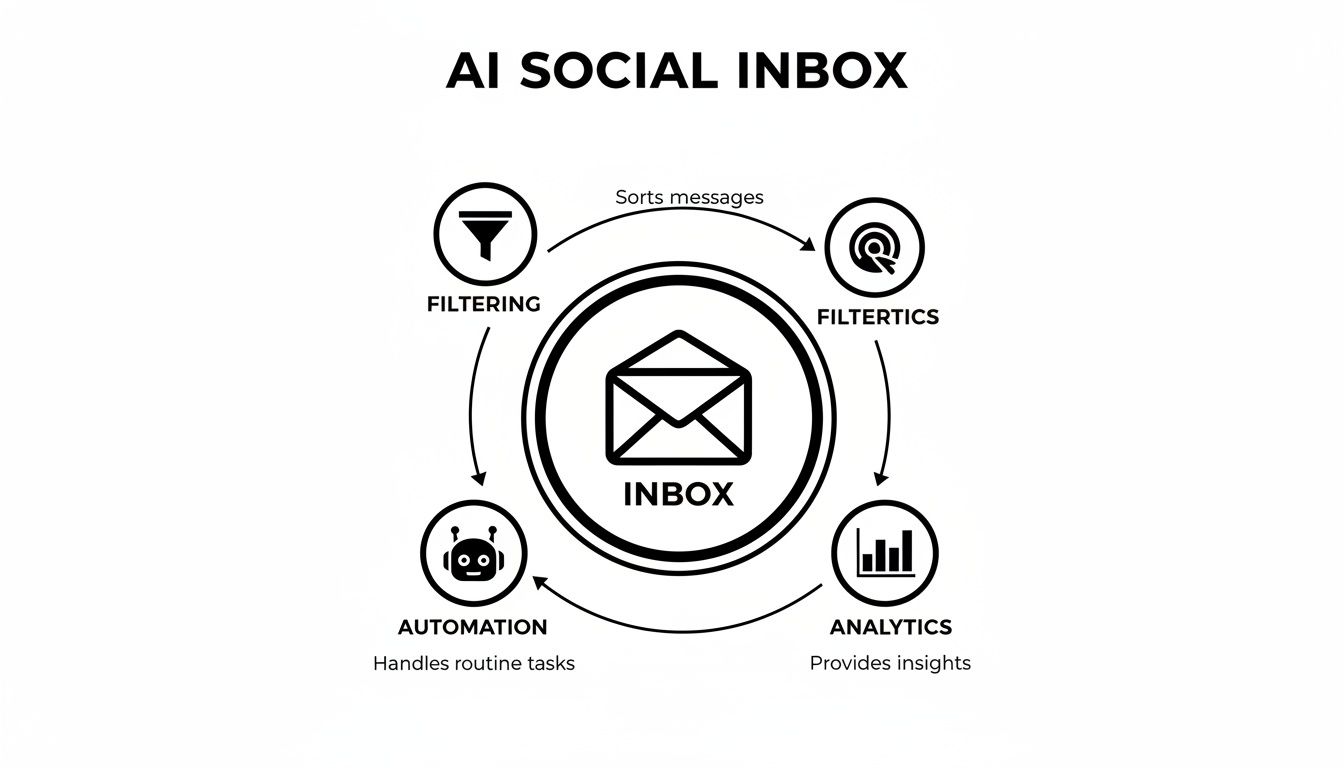 Diagram illustrating an AI Social Inbox with filtering, filtertics, analytics, and automation steps.