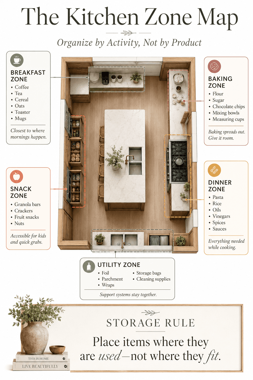  Summarize Re-write Ask Omni Pantry and built-in kitchen storage infographic showing zone-by-activity layout, smart features (matching containers, appliance garage), visibility tips (pull-out drawers, adjustable shelves, trash/recycling pull-out), labeling advice and essential organizers (pull-out organizers, airtight containers, woven baskets, drawer dividers, label maker) Top-down kitchen zone map infographic labeling Breakfast, Snack, Baking, Dinner and Utility zones with example items (coffee, cereal, granola bars, flour, pasta) and the rule “place items where they are used” for efficient pantry organization
