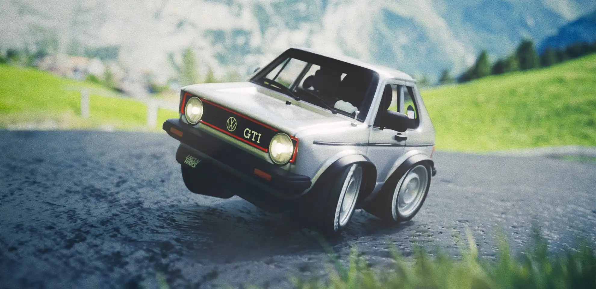 A digital rendering of a Volkswagen GTI hatchback from a right side angle.