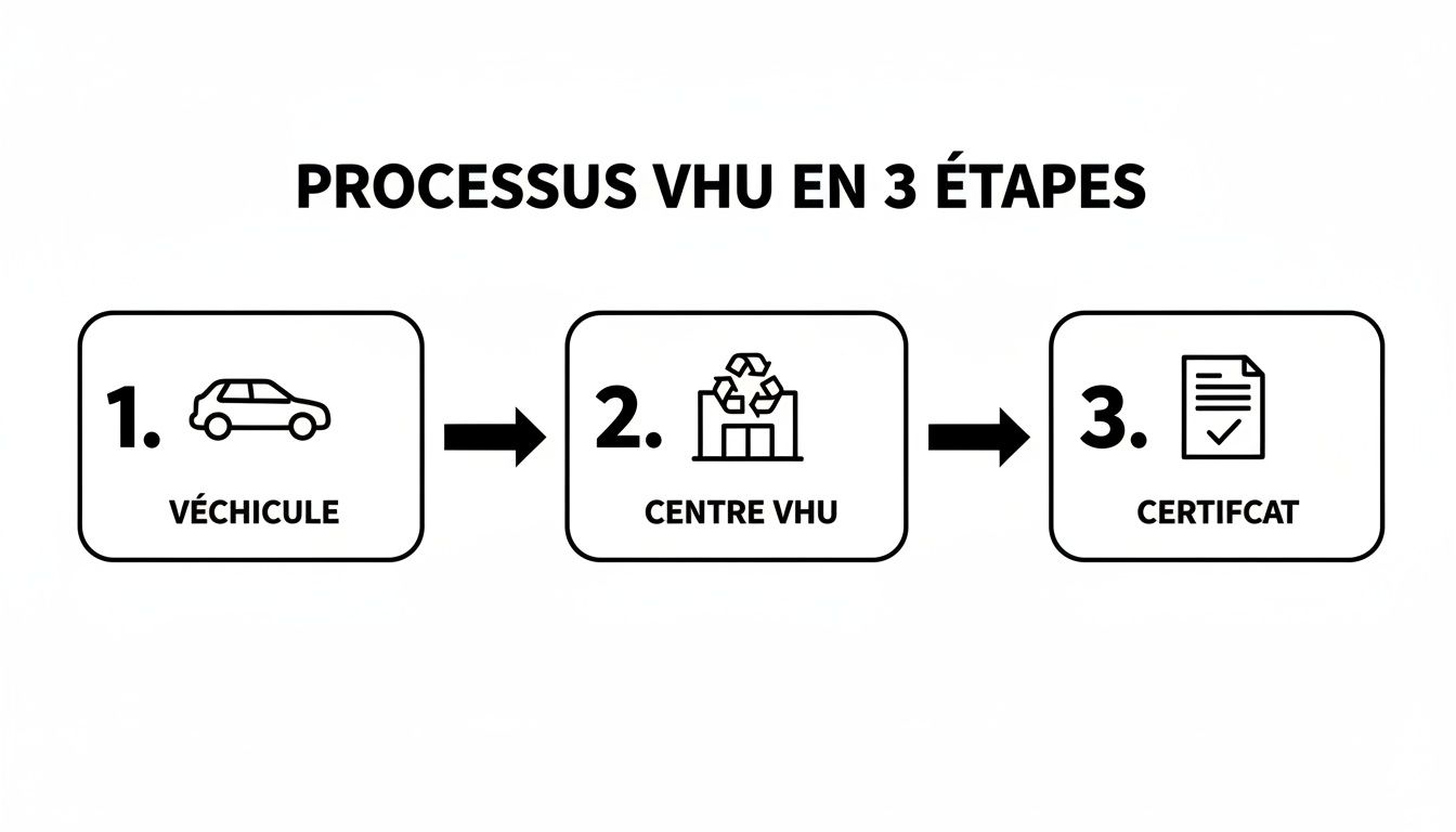 Infographie décrivant le processus VHU en trois étapes: du véhicule au centre agréé, puis au certificat de destruction.