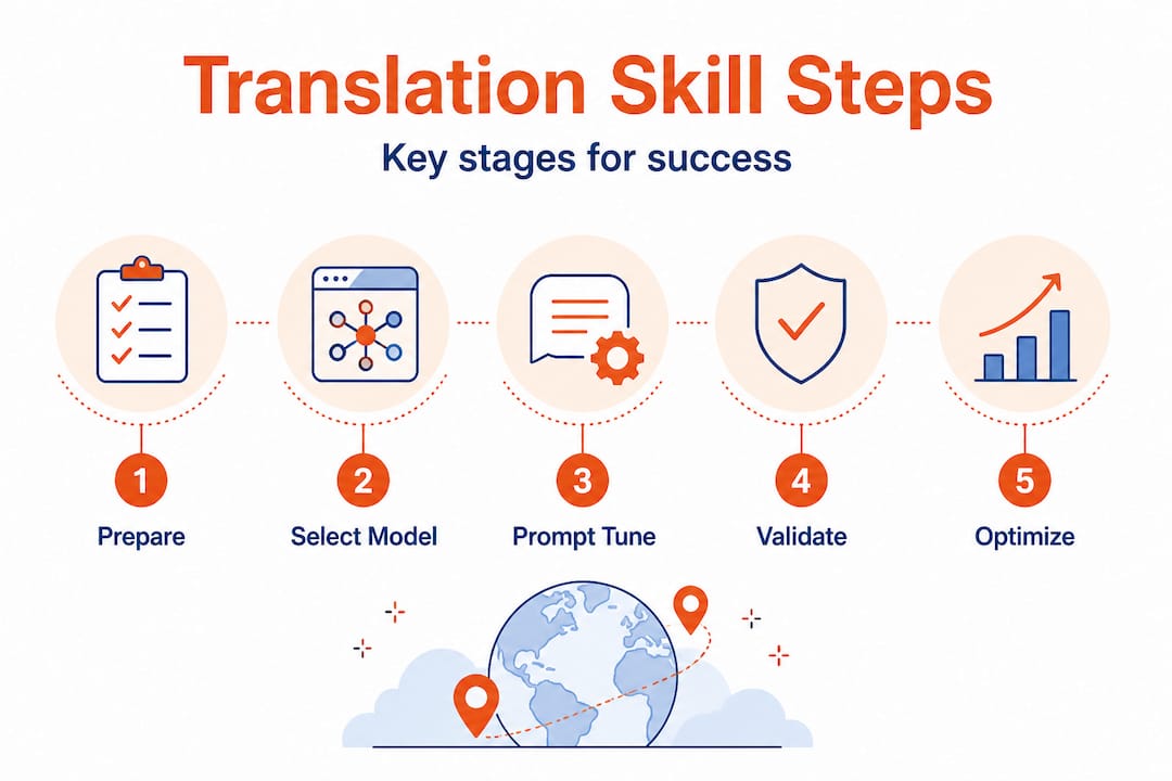 Infographic showing five steps of AI translation process