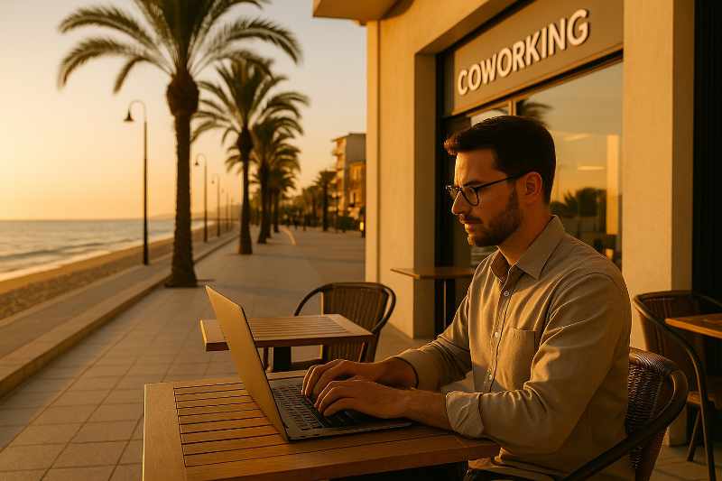 Homme travaillant sur un ordinateur portable en extérieur près d'un espace coworking avec vue sur la mer et palmiers au coucher du soleil.