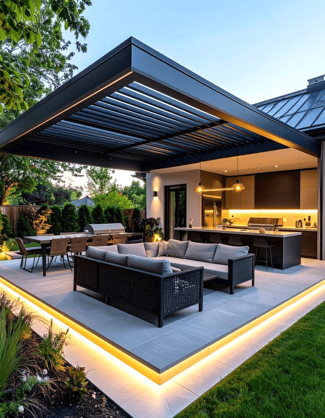 Modern pergola with outdoor kitchen and lounge