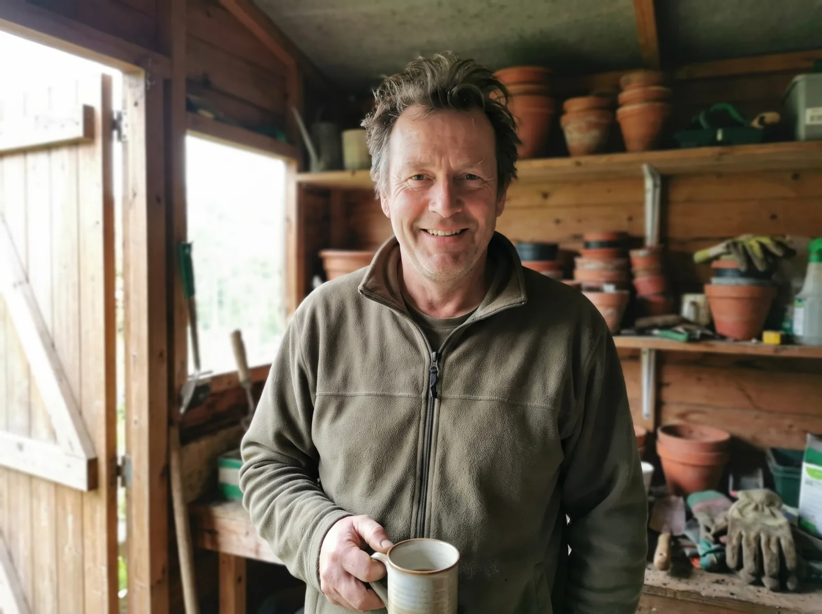 Gary with a mug of tea in his garden shed