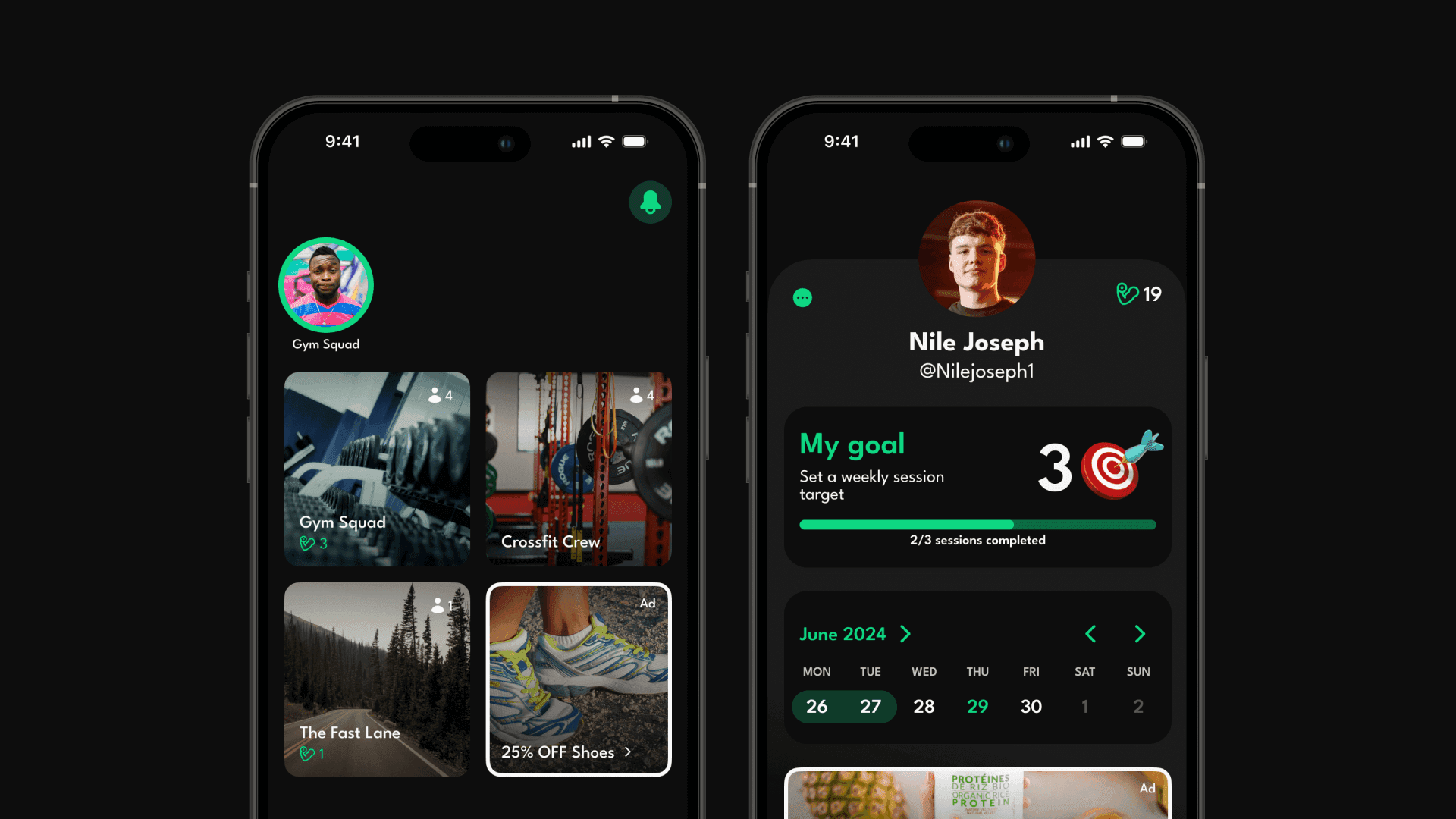 two screens from neo fit mobile app