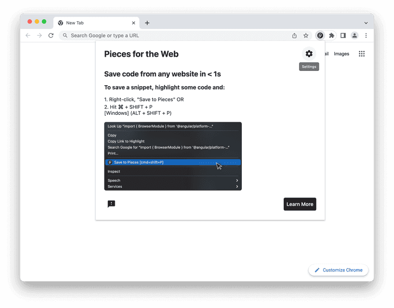 The updated Pieces Web Extension popover menu.