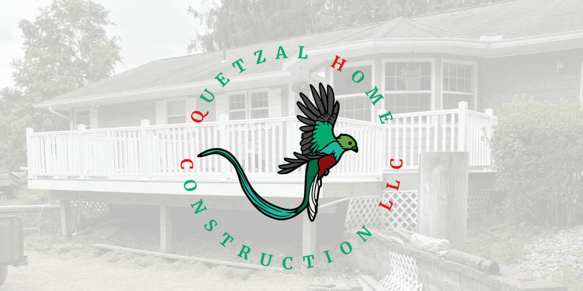 Logo of Quetzal Home Construction LLC overlays an image of a house with a new white deck. The logo features a colorful quetzal bird.