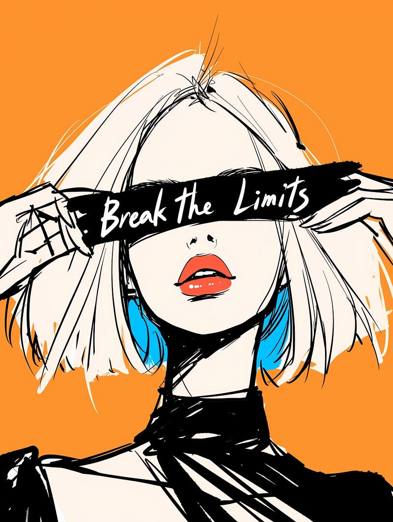 An illustration of a women with a black bar covering her eyes. The black bar has text that says “Break the Limits”.