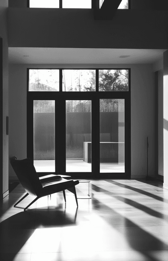 Monochrome interior with tall steel-framed glass doors and concrete walls