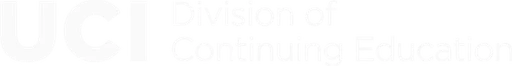 Alt text: "Logo of UCI Division of Continuing Education featuring 'UCI' in bold dark blue letters with a geometric design on the 'U' representing a book, followed by the words 'Division of Continuing Education' in a lighter shade of blue.