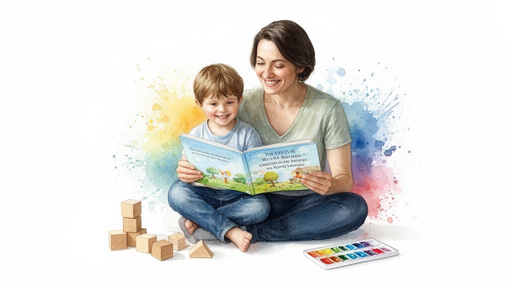 A smiling woman and a young boy read a picture book together amidst colorful watercolor splashes, wooden blocks, and paints.