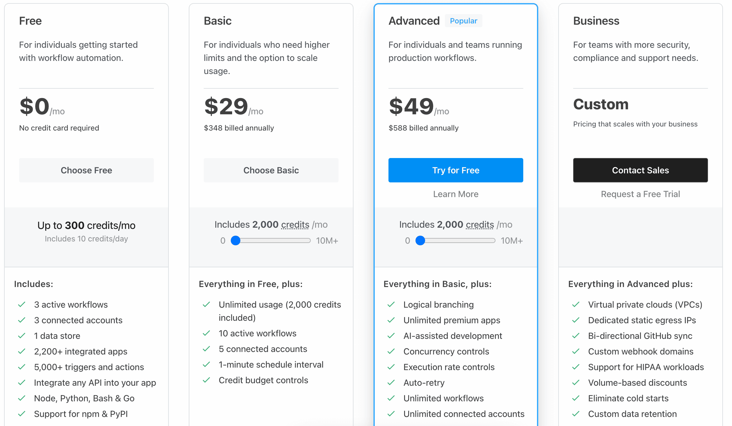 Pipedream's pricing page also shows off their advanced features for engineers.
