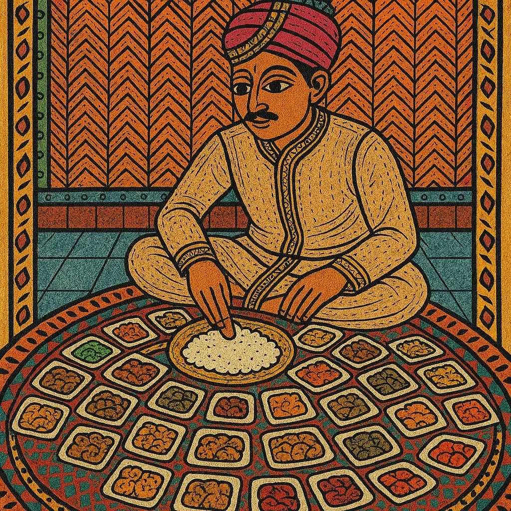 Groom eating an elaborate meal with a plate and then a number of bowls with different food items