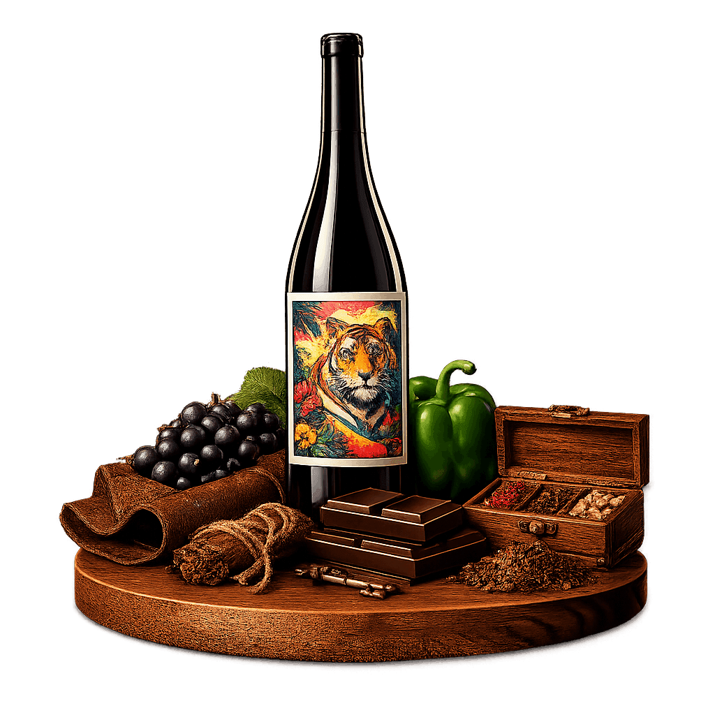 Artistic label and flavor profile for Indian Cabernet Sauvignon on a rustic wooden table.