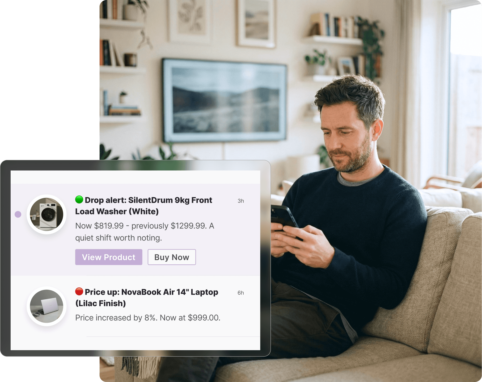 Man sitting on a couch checking his phone, with a wall-mounted TV and shelving behind him, viewing Harvey Norman price change notifications on Whisprice showing a washing machine drop and a laptop price increase.