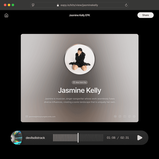 Jasmine artist cover page featuring name, location in New York, short bio, and social media links