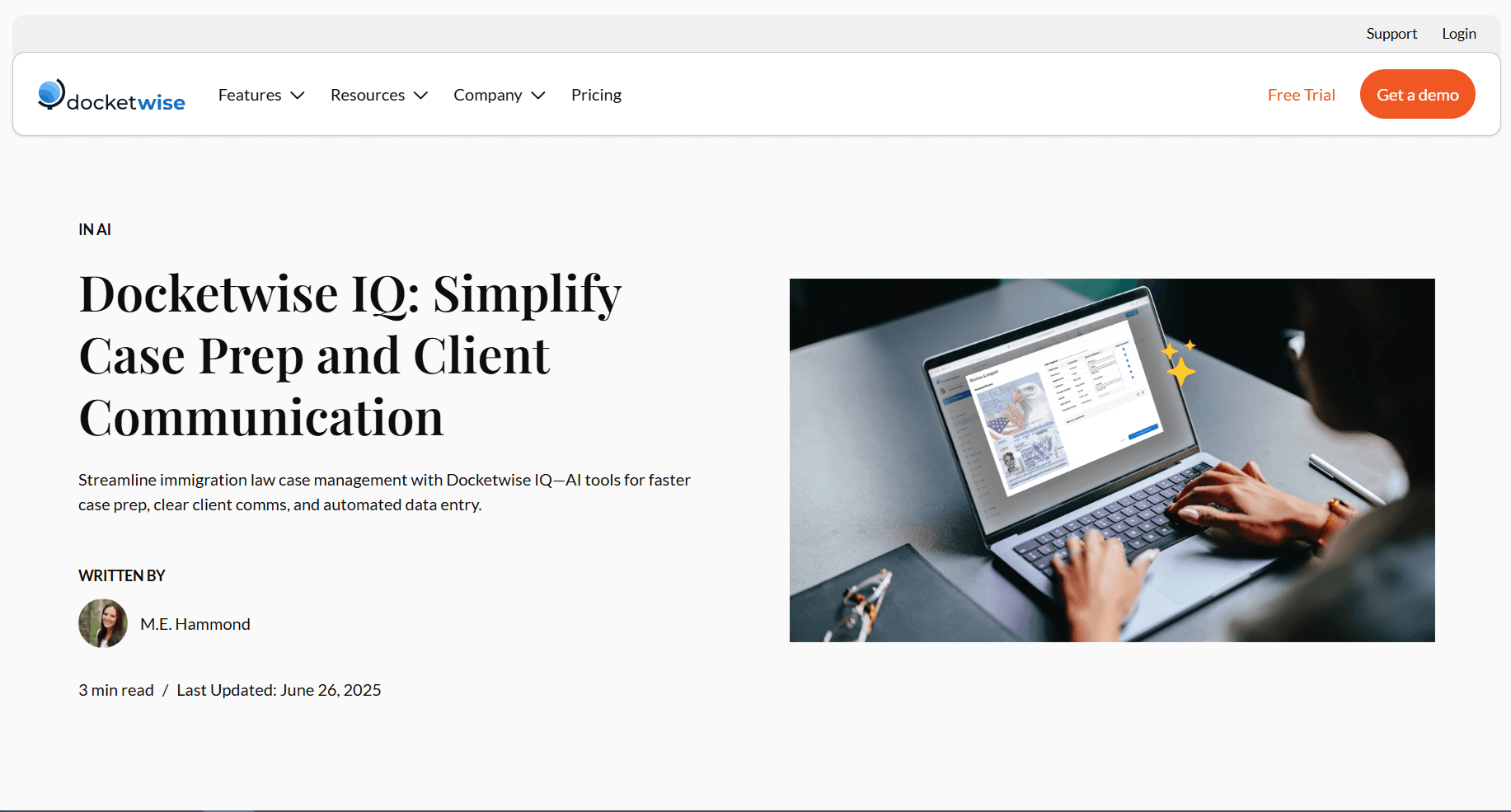 Screenshot of a Docketwise article page about Docketwise IQ, featuring a headline on simplifying case preparation and client communication alongside a laptop product image.