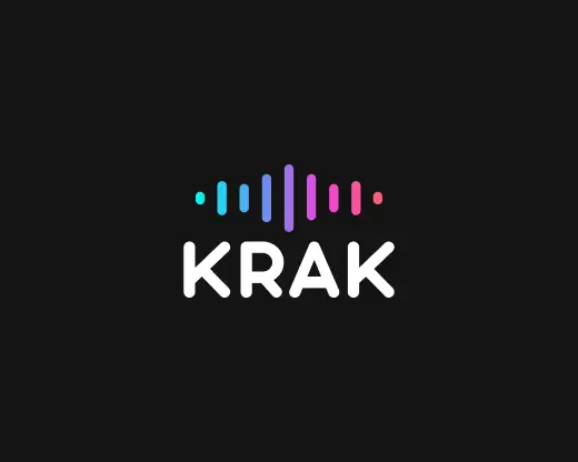 Krak logo design: Custom sound wave icon in vibrant blue, pink, and purple over black background, representing a modern media brand.