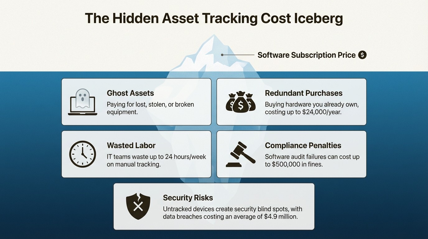 An infographic showing the hidden asset tracking cost, including ghost assets, redundant purchases, and compliance penalties.