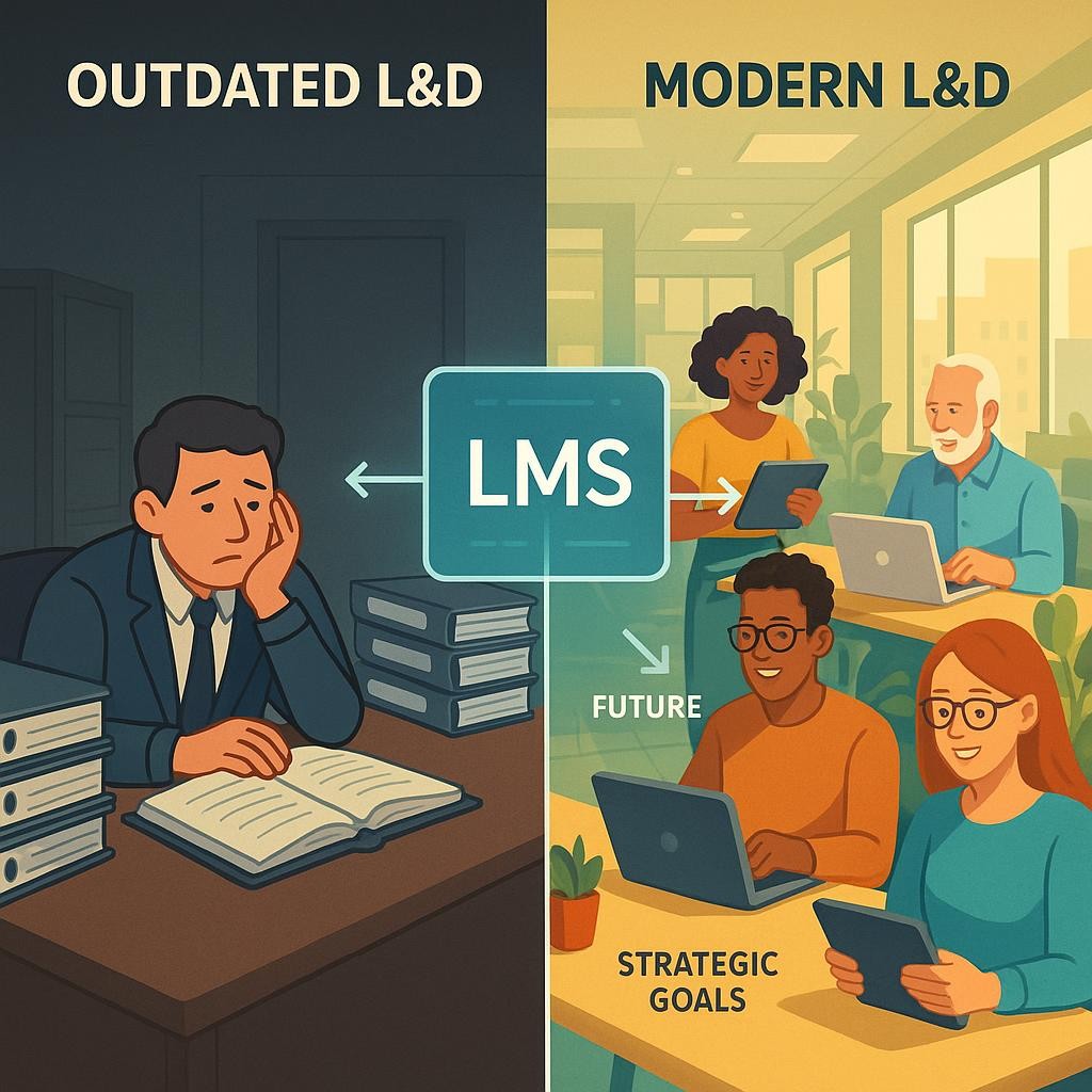 A split image contrasting old and new L&D approaches. On the left, representing outdated L&D, a lone person sits at a desk, looking bored while reviewing stacks of physical binders in a dimly lit, traditional office. On the right, representing modern, proactive L&D with a scalable LMS, a diverse group of employees (various ages and backgrounds) actively engage in collaborative, personalized learning on digital devices (laptops, tablets) in a vibrant, open-plan office. A central, glowing digital interface, symbolizing the LMS, acts as a hub, connecting these learners and their growth paths with subtle arrows pointing towards 'future' and 'strategic goals'. The style is modern, professional, and slightly aspirational, using vibrant colors for the modern side and muted tones for the traditional side to emphasize the transformation.