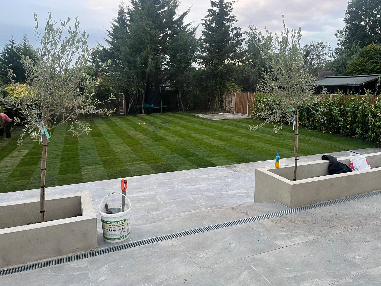 Finished lawn and paved patio