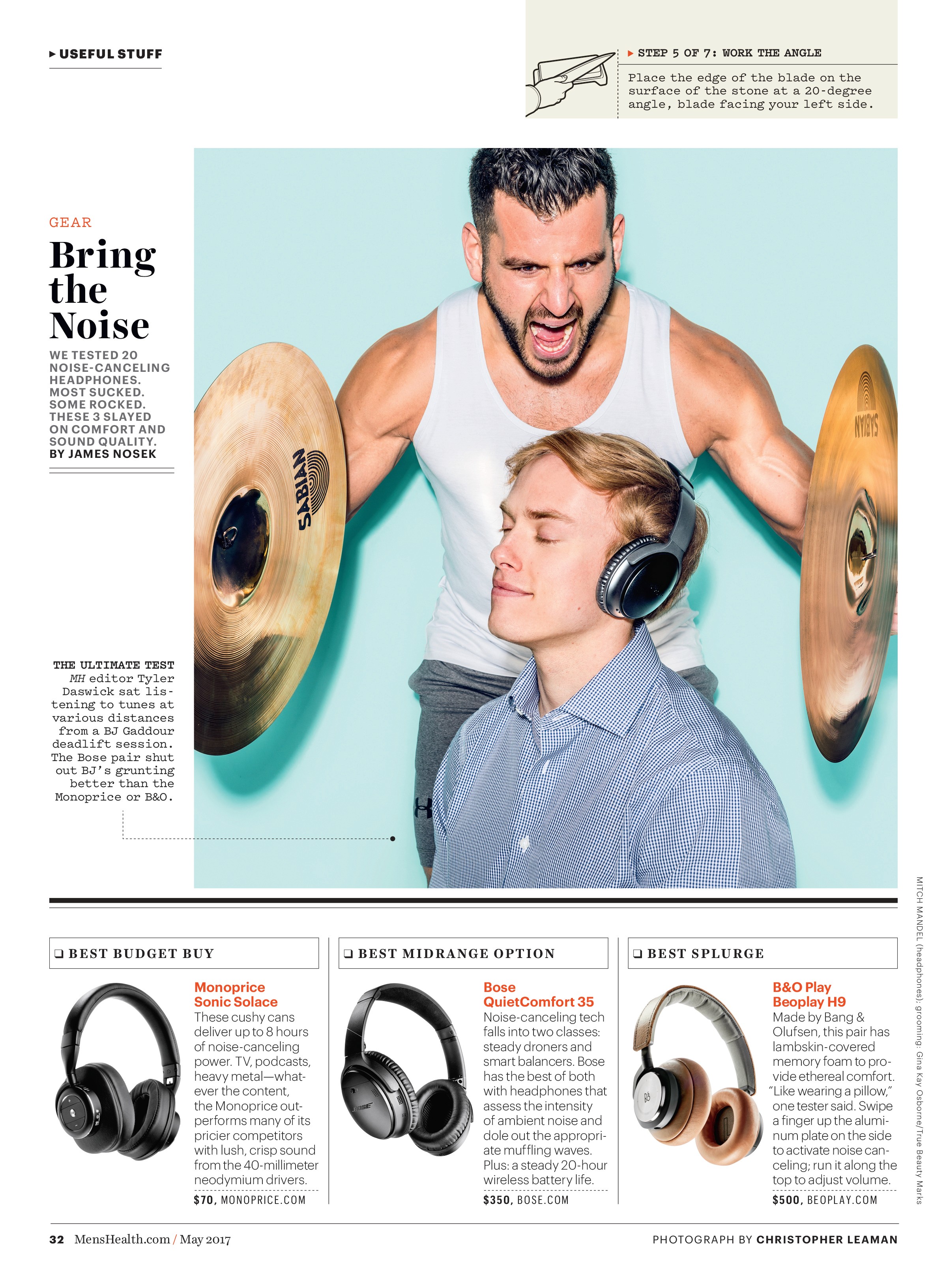 A magazine layout of a muscluar man screaming and holding a pair of cymbal infront of a calm young man wearing a noise-cancelling headphones