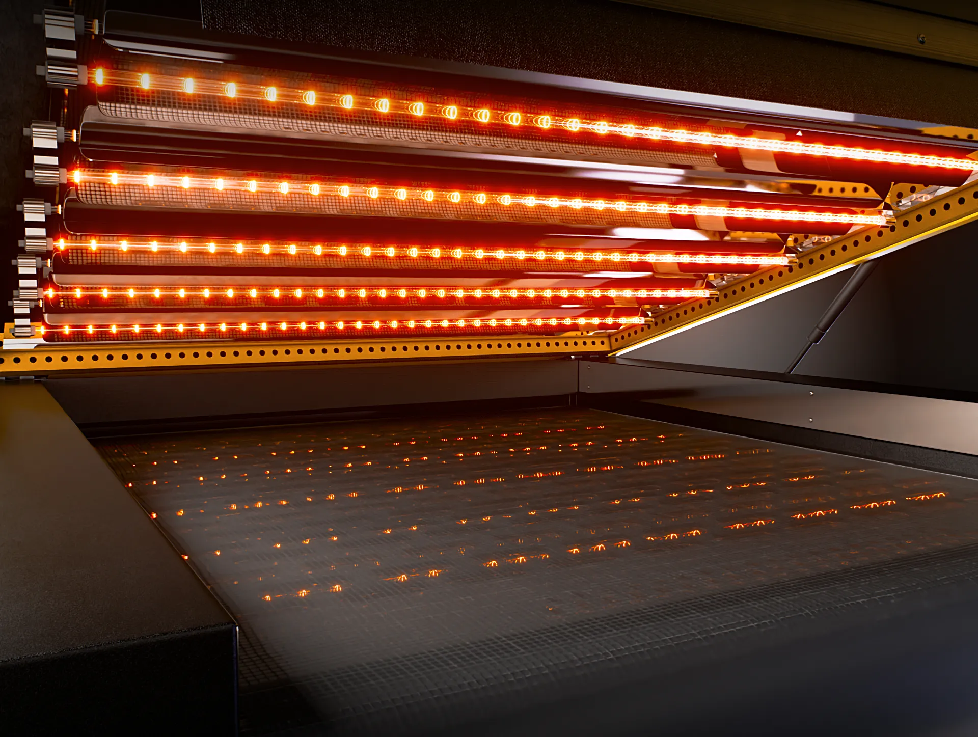Inside view of the Dune X DTF powder shaker showing the glowing top and bottom dual-lamp system, designed to process both sides of the film simultaneously for faster drying times and maximized productivity.
