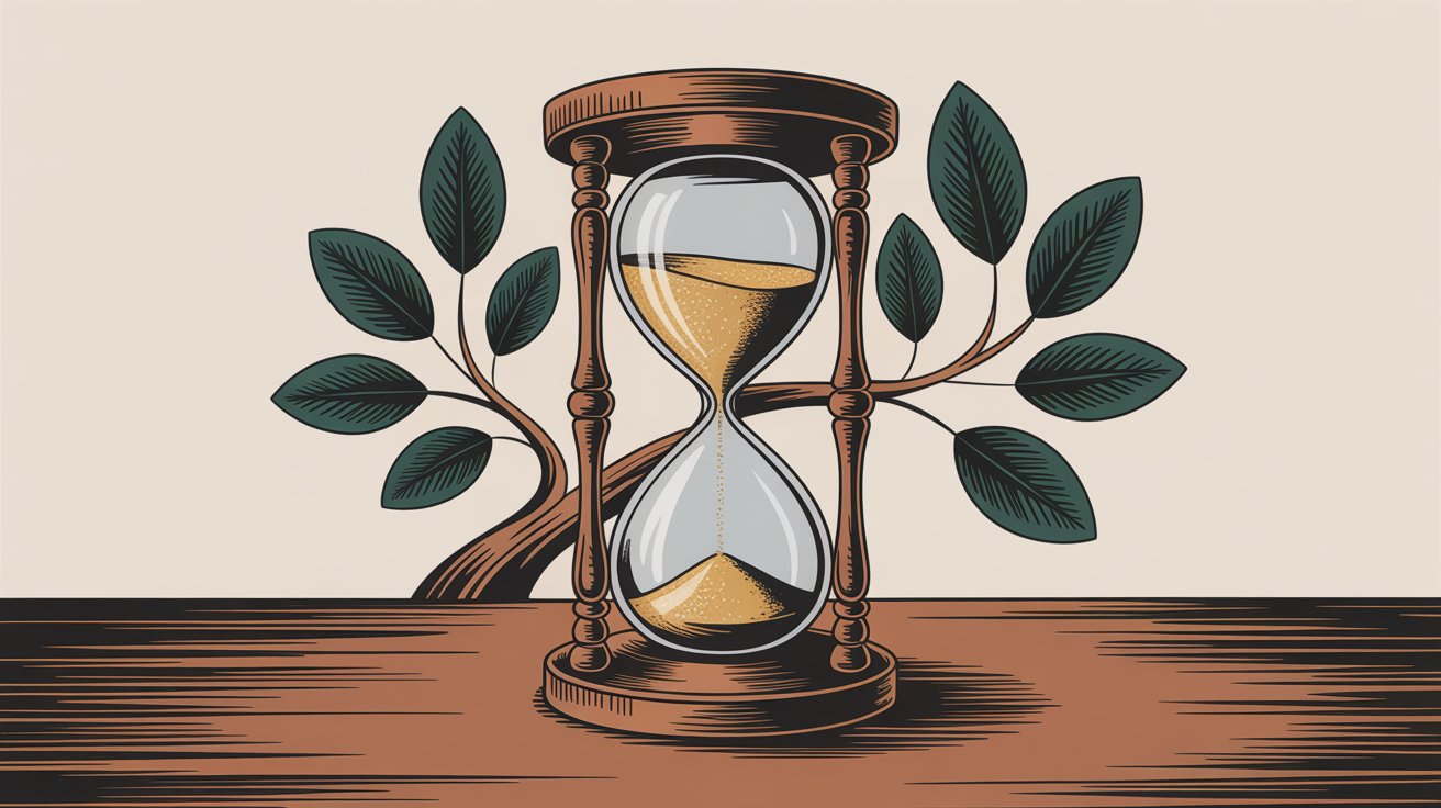 Elegant hourglass with growing leaves symbolizing time saved and productivity gains through AI automation in sales prospecting