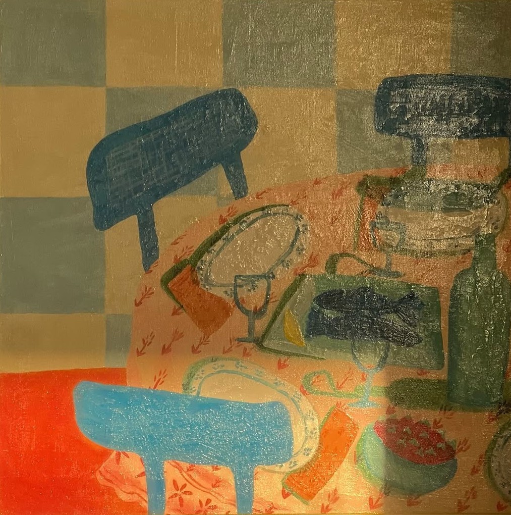 painting of a dinner table with a checkered wall behind it and red floor