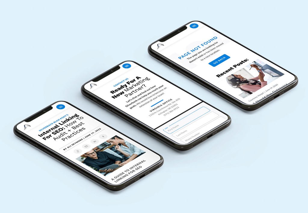 Three phones showing the silverback website designs