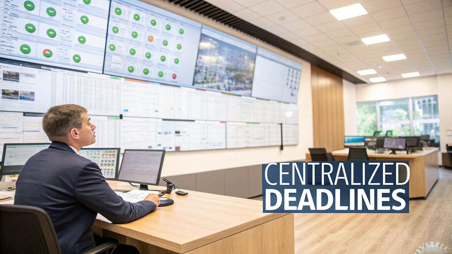 A professional monitors a control room with multiple screens displaying data and deadlines.