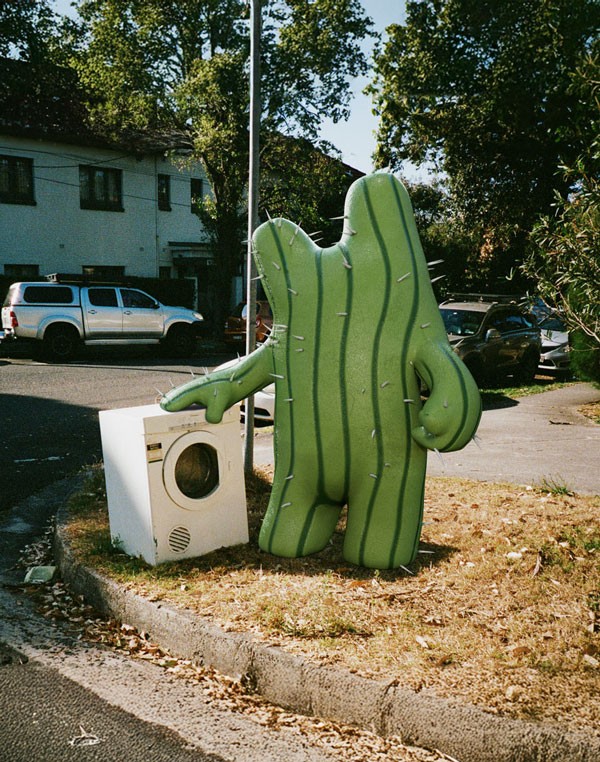 A large, green, anthropomorphic cactus named Hugtus stands next to a white washing machine on a sidewalk. Hugtus has long, spiky arms and legs, and it appears to be pressing a button on the washing machine.